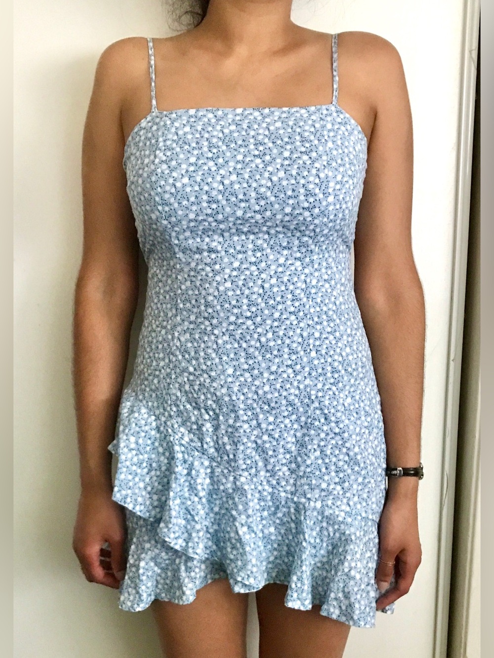 Sz 2 Sky Blue Printed Cotton Floral Ruffle Mini Dress Spaghetti Straps Ties Zip